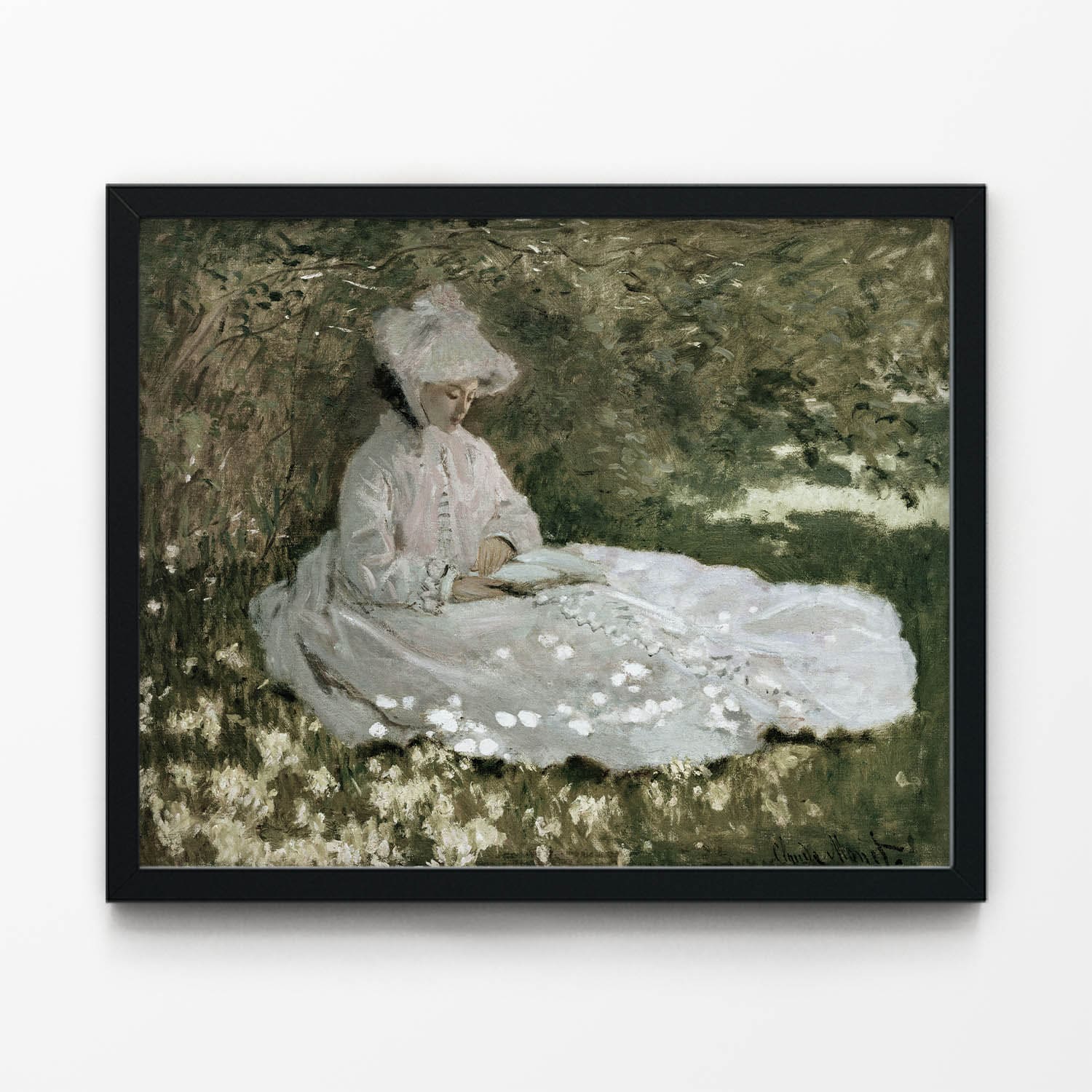 Woman in a White Dress Art Print in Black Picture Frame