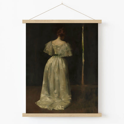 Woman in a White Dress Art Print in Wood Hanger Frame on Wall
