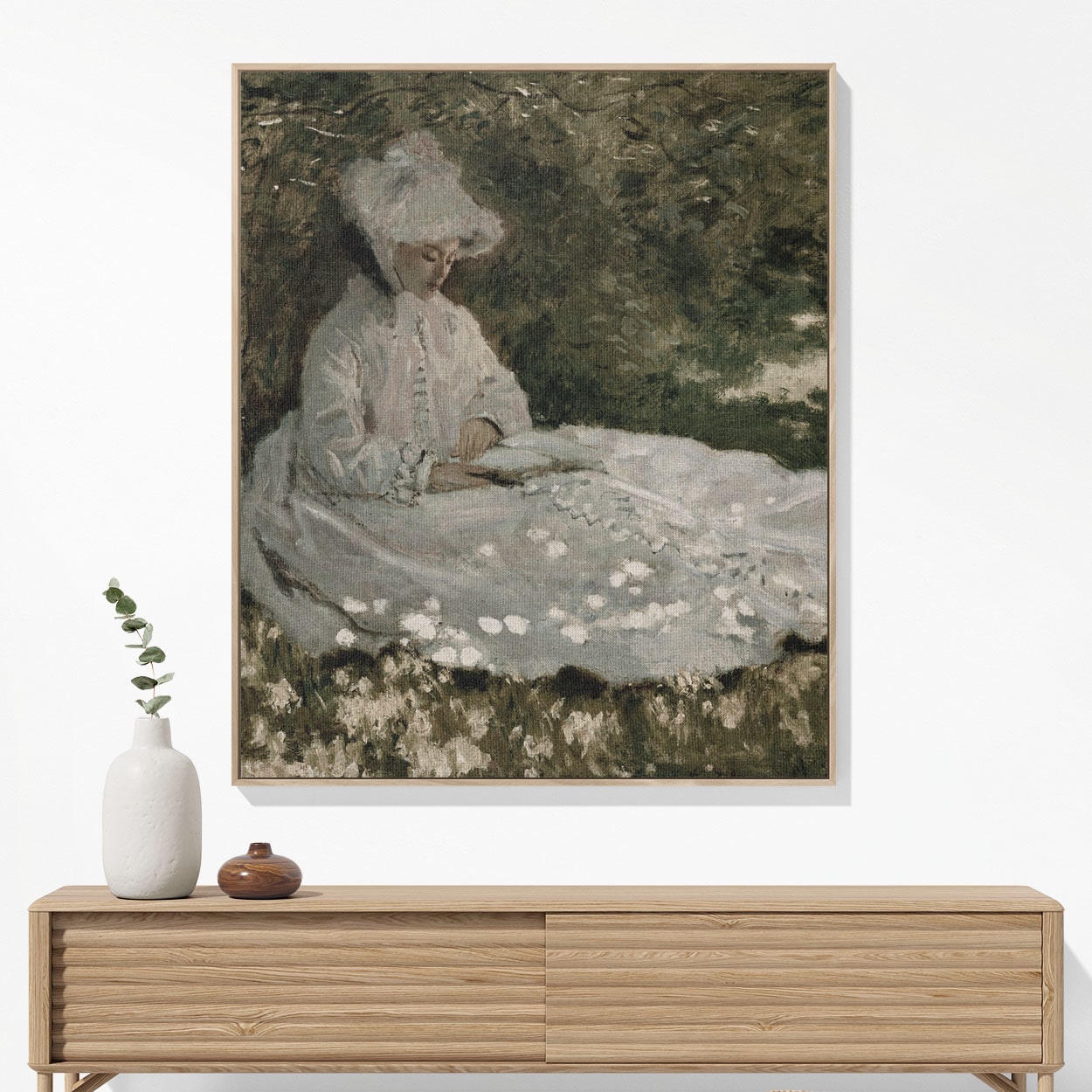 Woman in a White Dress Woven Blanket Hanging on a Wall as Framed Wall Art