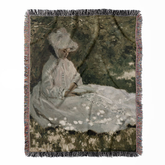 Woman in a White Dress woven throw blanket, crafted from 100% cotton, offering a soft and cozy texture in a cottagecore style for home decor.