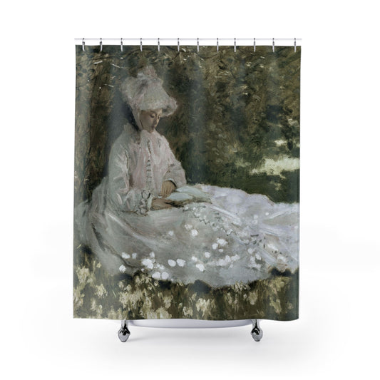Woman in a White Dress Shower Curtain with cottagecore design, rustic bathroom decor featuring elegant cottagecore themes.