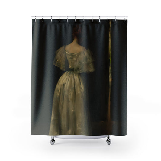 Woman in a White Dress Shower Curtain with Victorian period design, historical bathroom decor featuring classic Victorian fashion.
