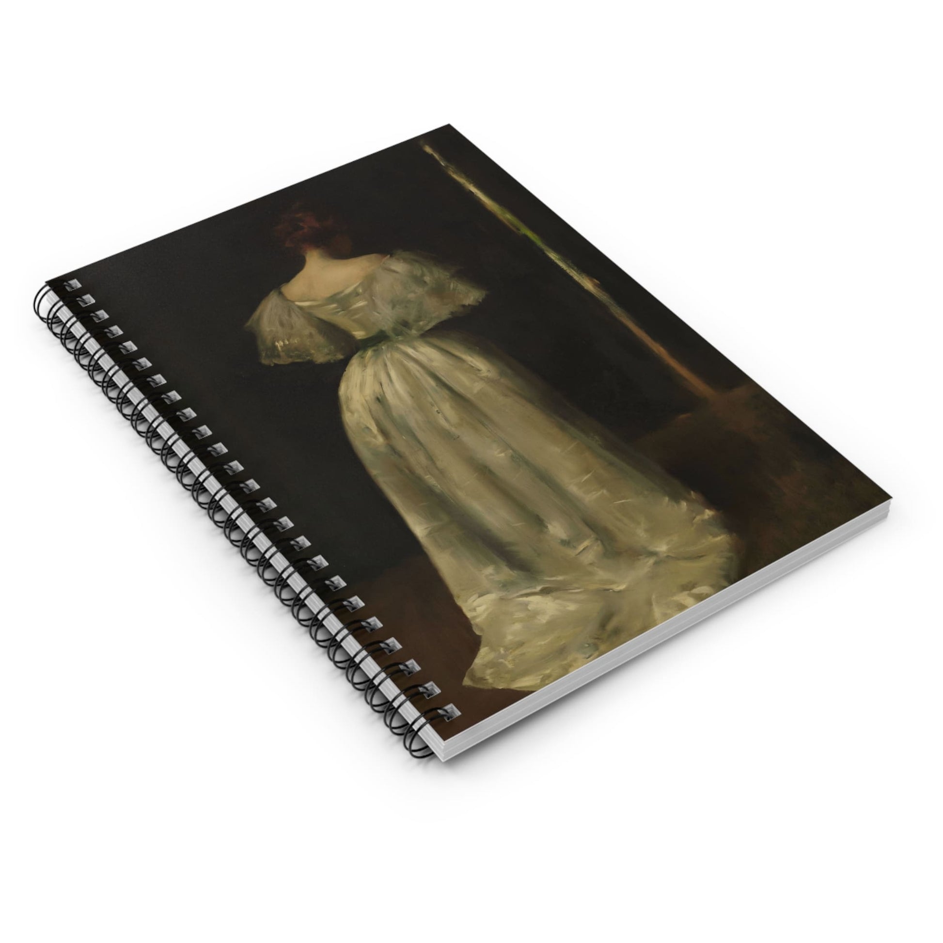 Woman in a White Dress Spiral Notebook Laying Flat on White Surface