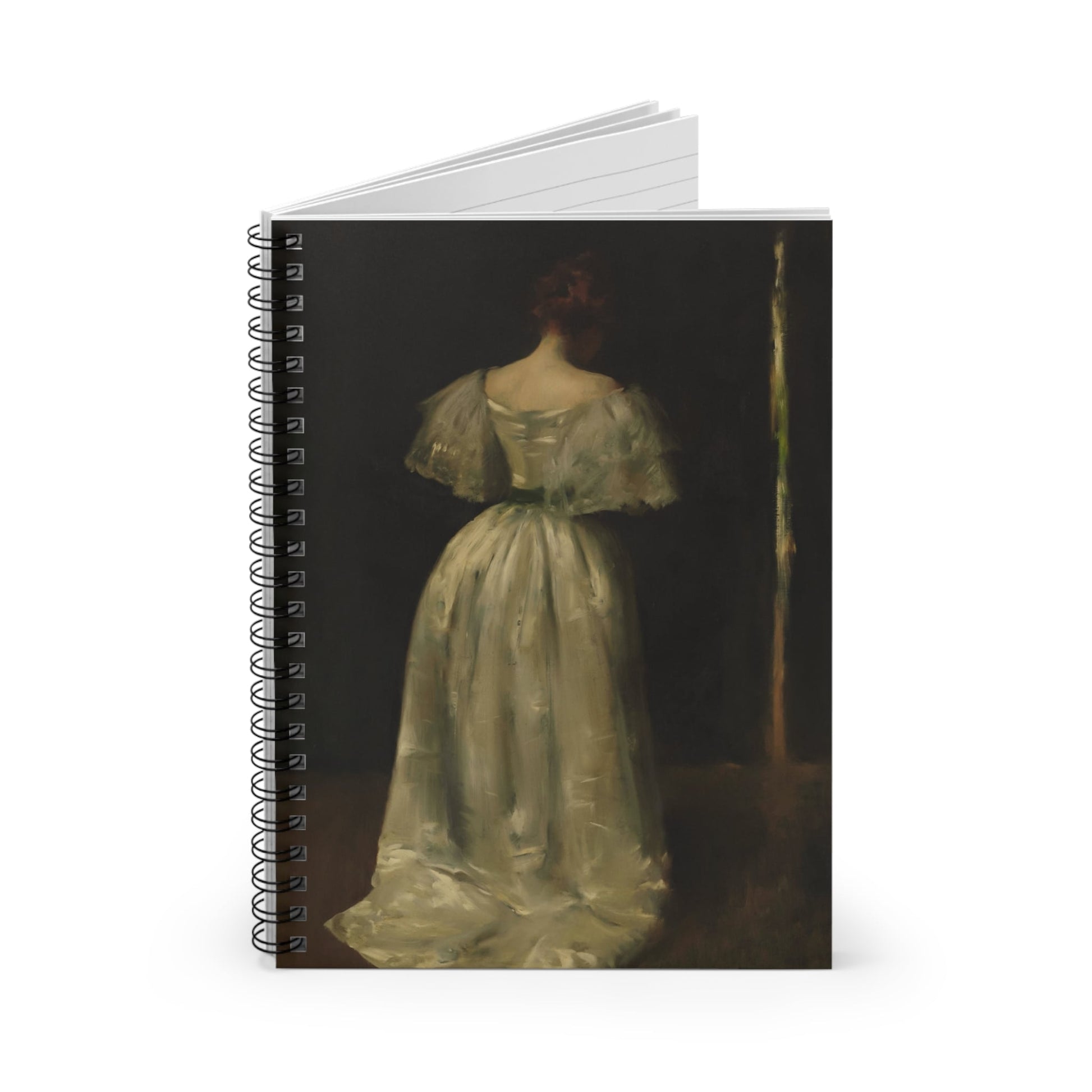 Woman in a White Dress Spiral Notebook Standing up on White Desk