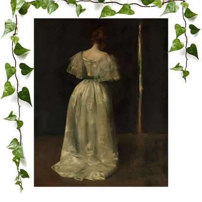 Woman in a White Dress art prints featuring a victorian period, vintage wall art room decor
