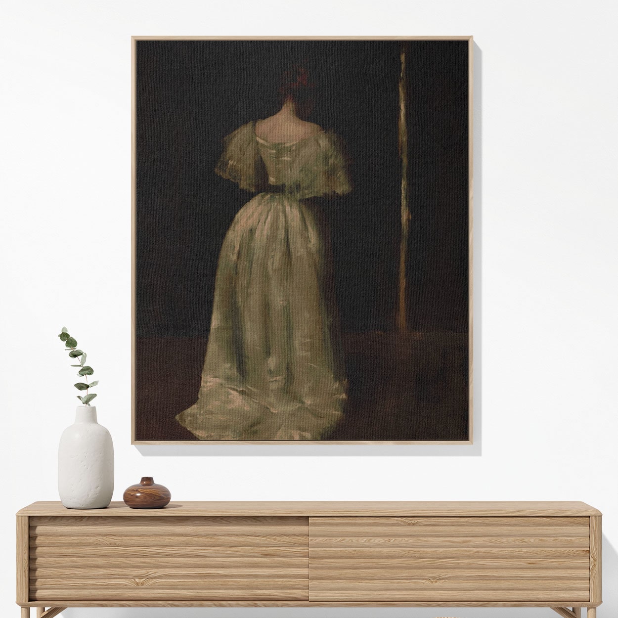 Woman in a White Dress Woven Blanket Hanging on a Wall as Framed Wall Art