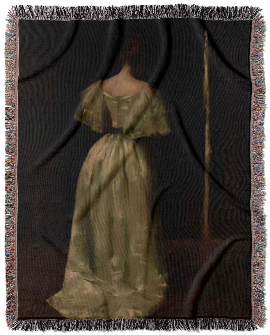 Woman in a White Dress woven throw blanket, made of 100% cotton, providing a soft and cozy texture in a Victorian period style for home decor.