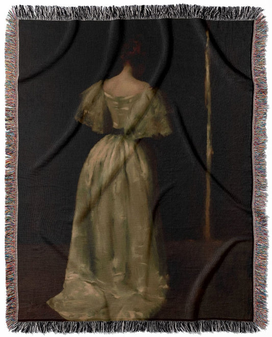 Woman in a White Dress woven throw blanket, made of 100% cotton, providing a soft and cozy texture in a Victorian period style for home decor.