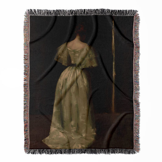 Woman in a White Dress woven throw blanket, made of 100% cotton, providing a soft and cozy texture in a Victorian period style for home decor.