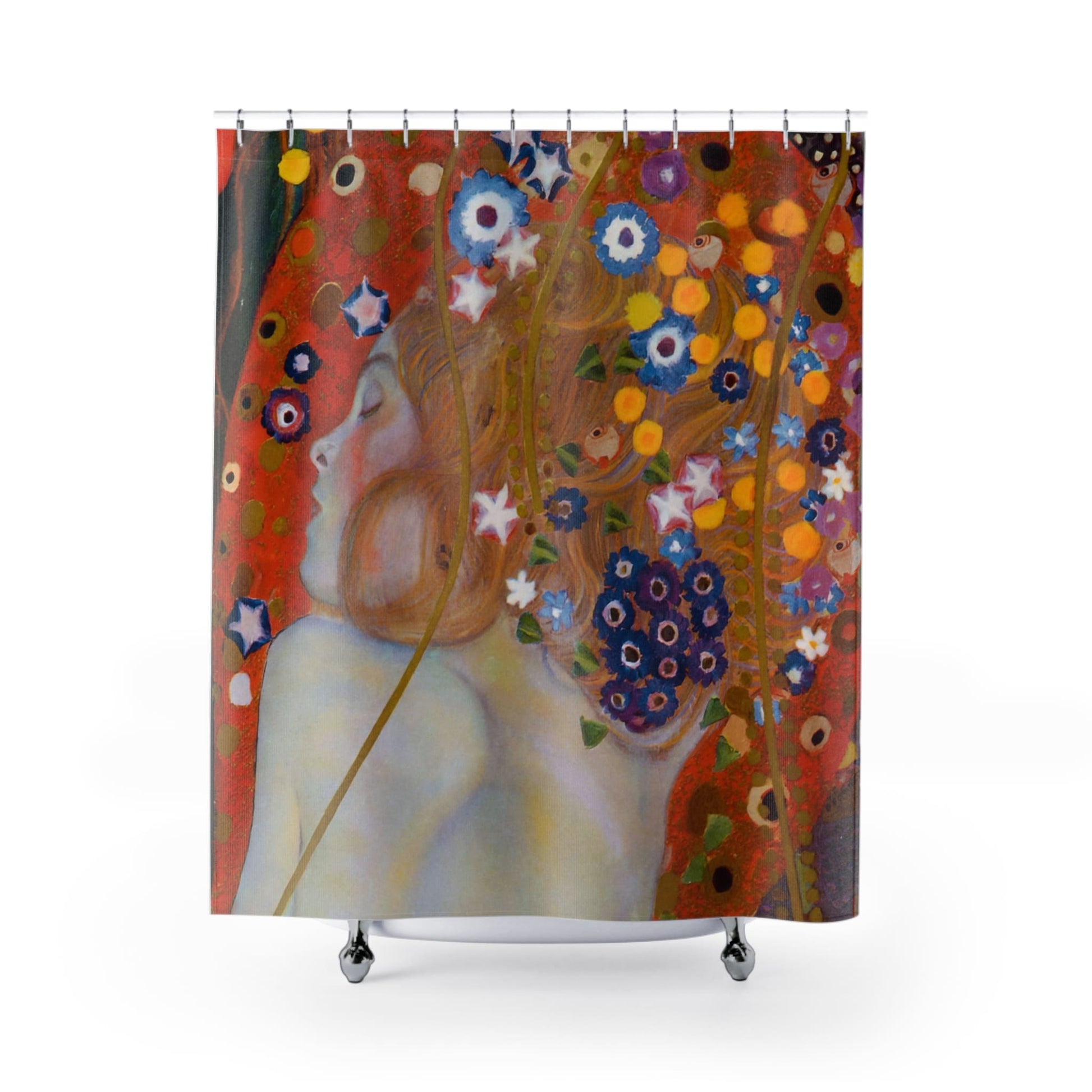 Art Nouveau Shower Curtain with boho aesthetic design, artistic bathroom decor featuring intricate Art Nouveau themes.