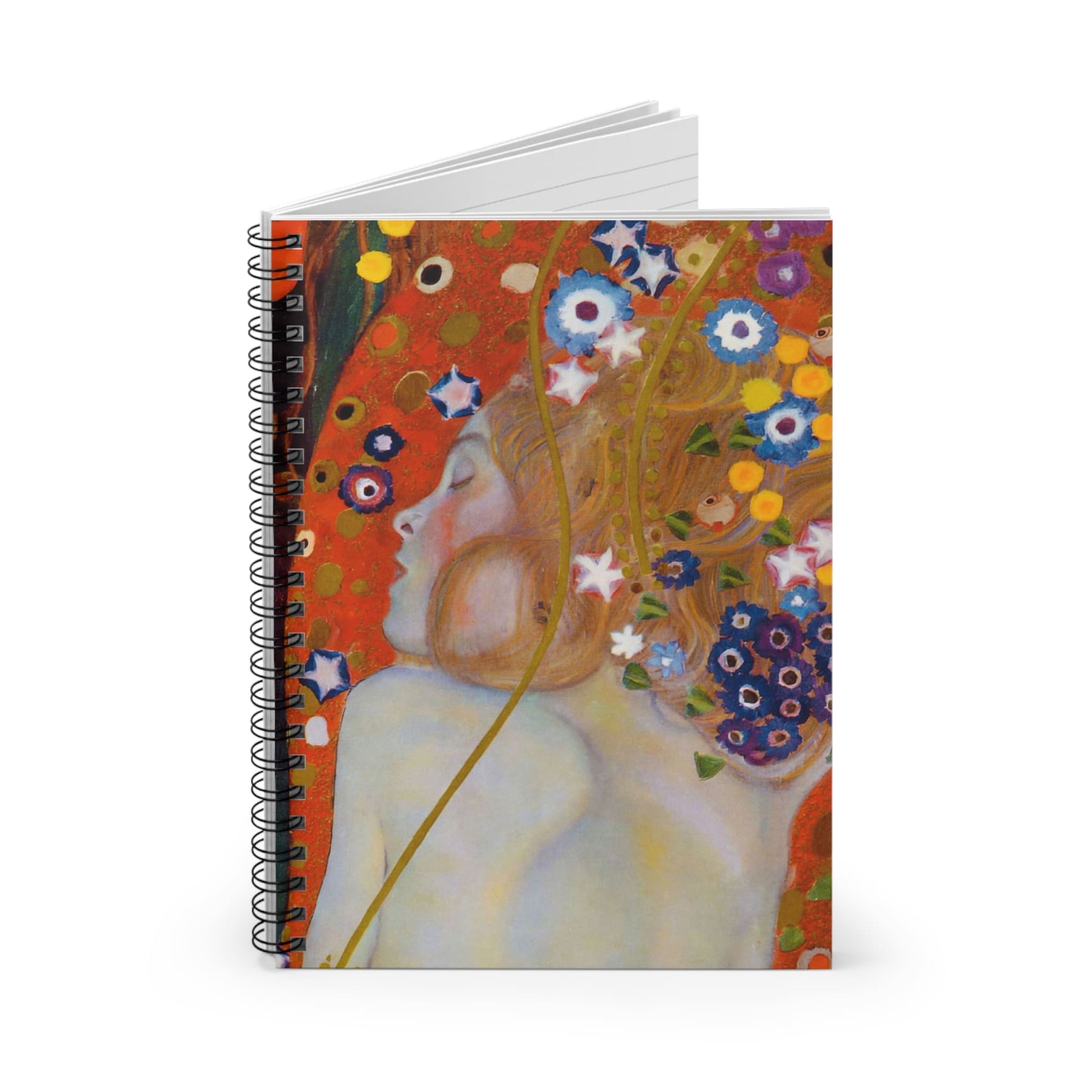 Woman with Flower Hair Spiral Notebook Standing up on White Desk