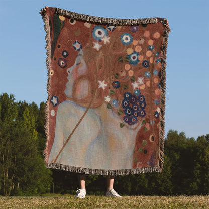 Woman with Flower Hair Woven Throw Blanket Held Up Outside