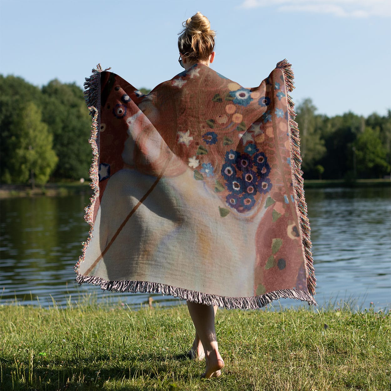 Woman with Flower Hair Woven Blanket Held on a Woman's Back Outside