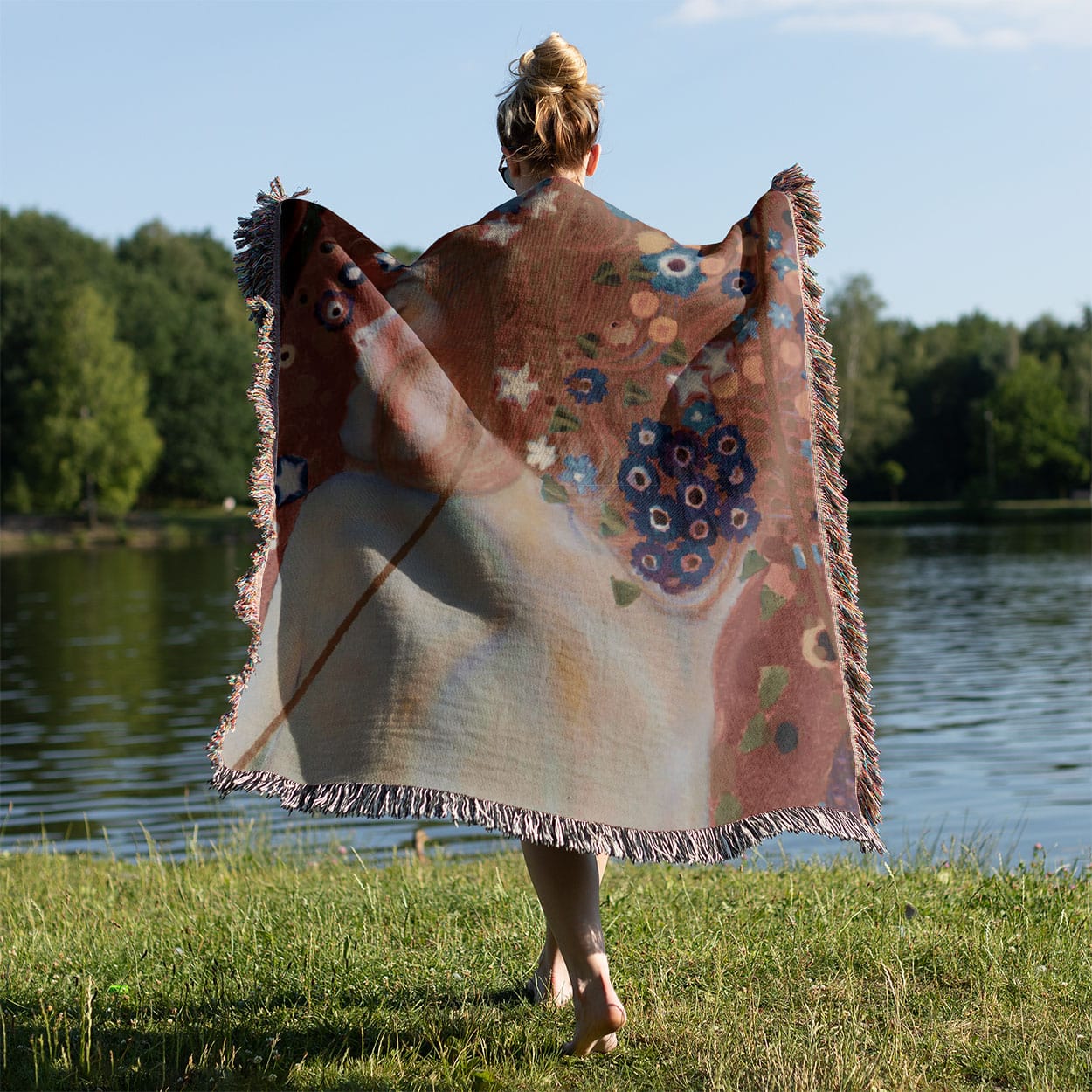 Woman with Flower Hair Woven Throw Blanket Held on a Woman's Back Outside