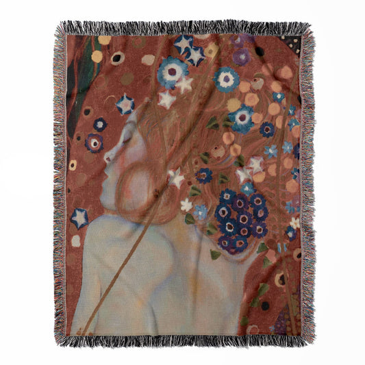 Art Nouveau woven throw blanket, crafted from 100% cotton, offering a soft and cozy texture with a boho aesthetic painting for home decor.