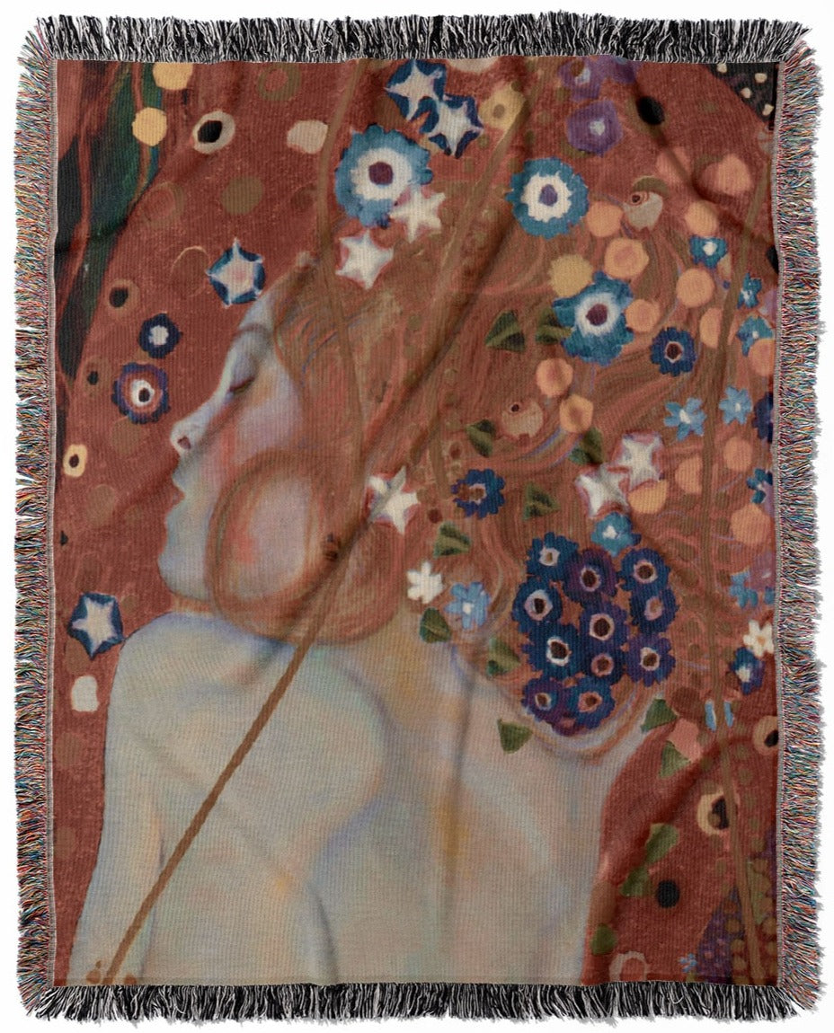 Art Nouveau woven throw blanket, crafted from 100% cotton, offering a soft and cozy texture with a boho aesthetic painting for home decor.