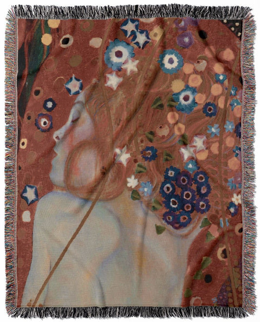 Art Nouveau woven throw blanket, crafted from 100% cotton, offering a soft and cozy texture with a boho aesthetic painting for home decor.