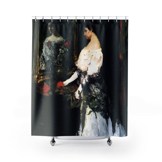 Woman with a Rose Shower Curtain with dark Victorian design, elegant bathroom decor showcasing classic Victorian themes.