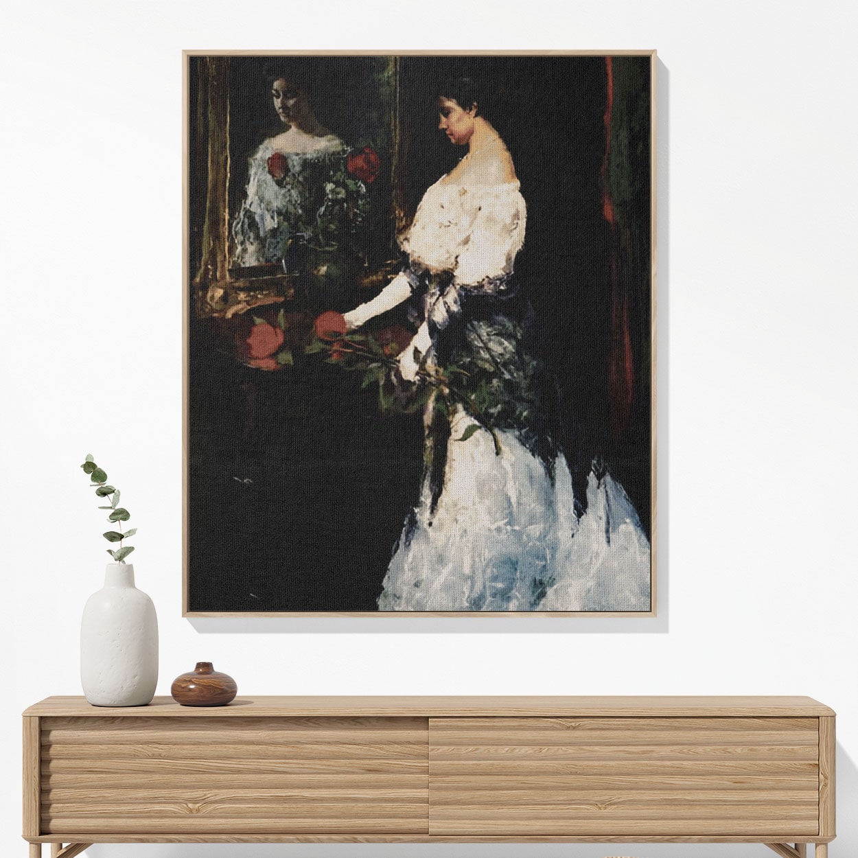 Woman with a Rose Woven Blanket Hanging on a Wall as Framed Wall Art