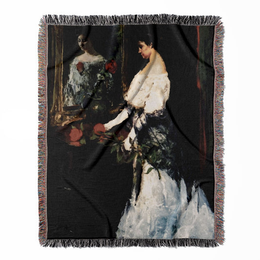 Woman with a Rose woven throw blanket, made of 100% cotton, featuring a soft and cozy texture with a dark Victorian theme for home decor.