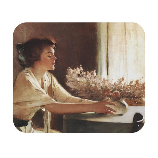 Woman with a Vase Mouse Pad featuring a flower aesthetic design, perfect for desk and office decor.