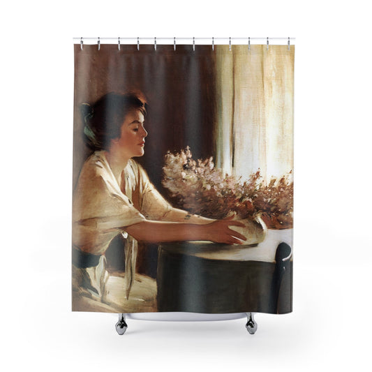 Woman with a Vase Shower Curtain with flower aesthetic design, botanical bathroom decor featuring elegant floral patterns.