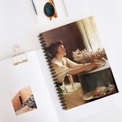 Woman with a Vase Spiral Notebook Displayed on Desk