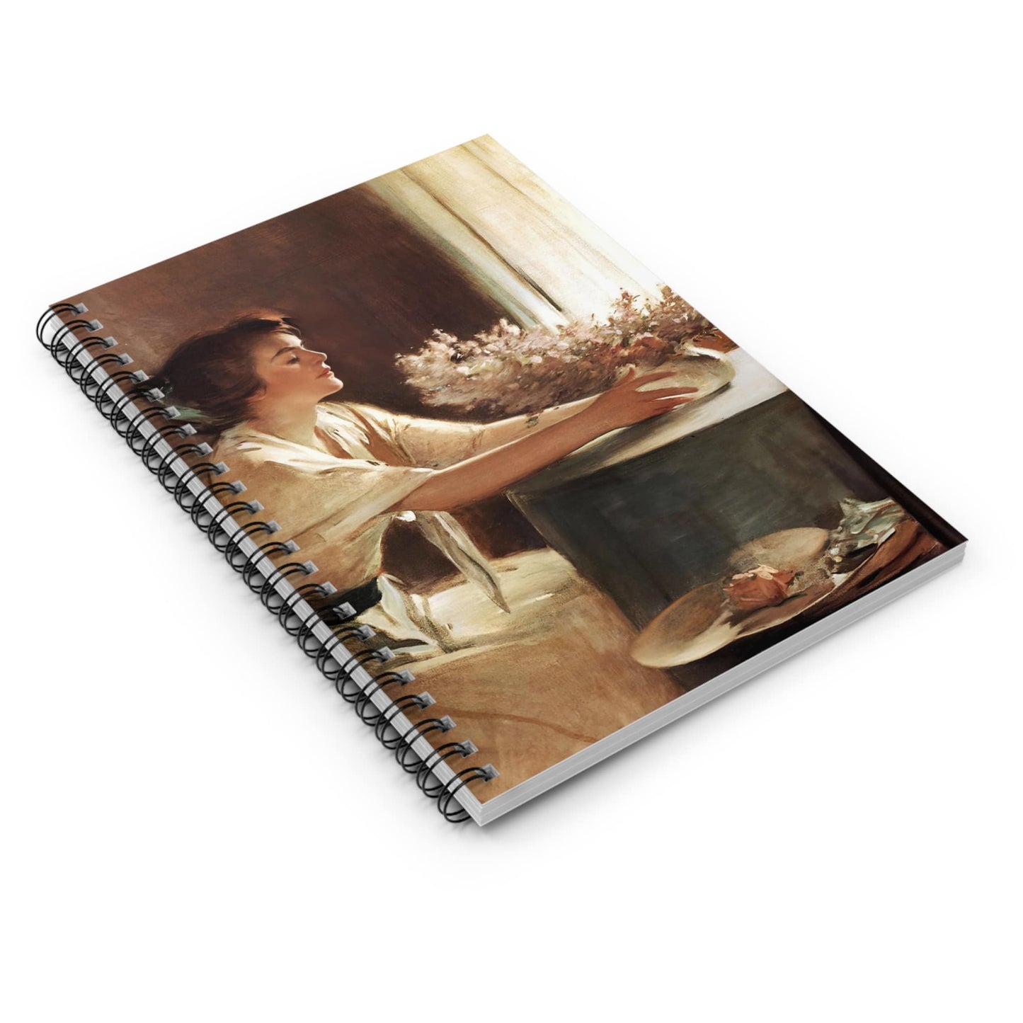 Woman with a Vase Spiral Notebook Laying Flat on White Surface