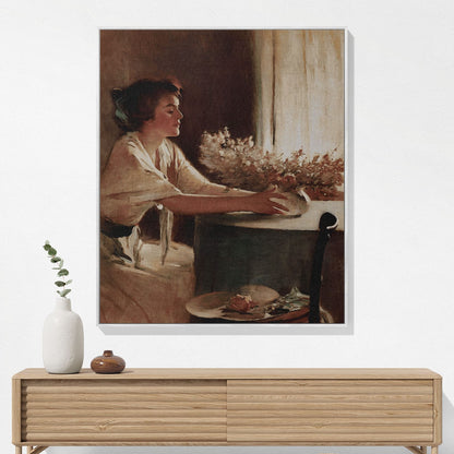 Woman with a Vase Woven Blanket Hanging on a Wall as Framed Wall Art