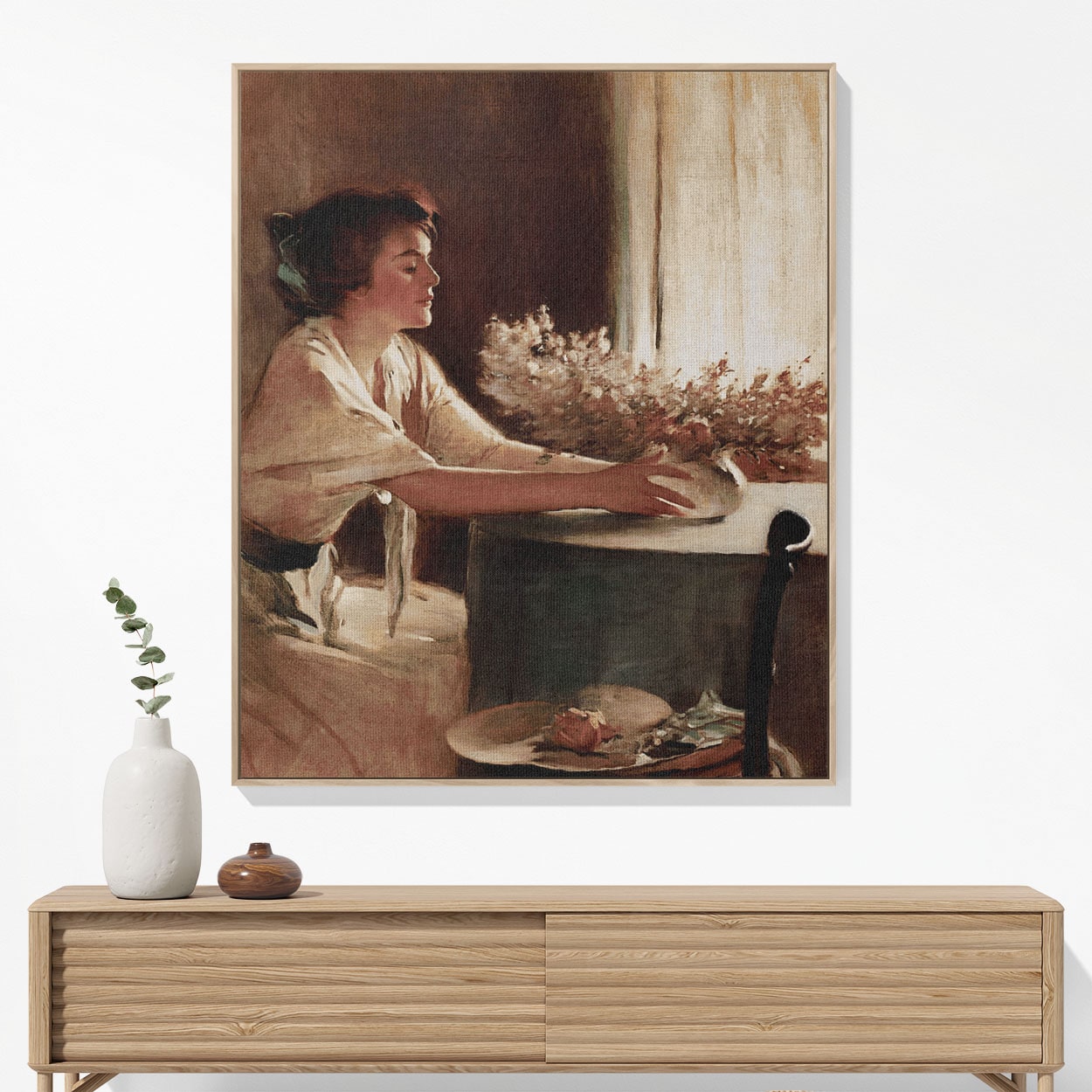 Woman with a Vase Woven Blanket Hanging on a Wall as Framed Wall Art