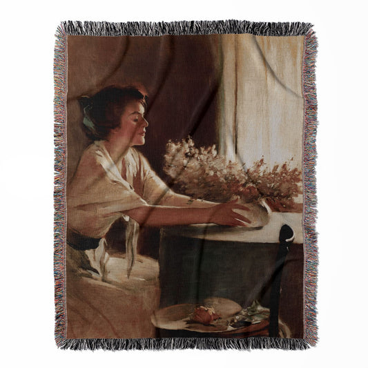 Woman with a Vase woven throw blanket, made of 100% cotton, featuring a soft and cozy texture with a flower aesthetic for home decor.