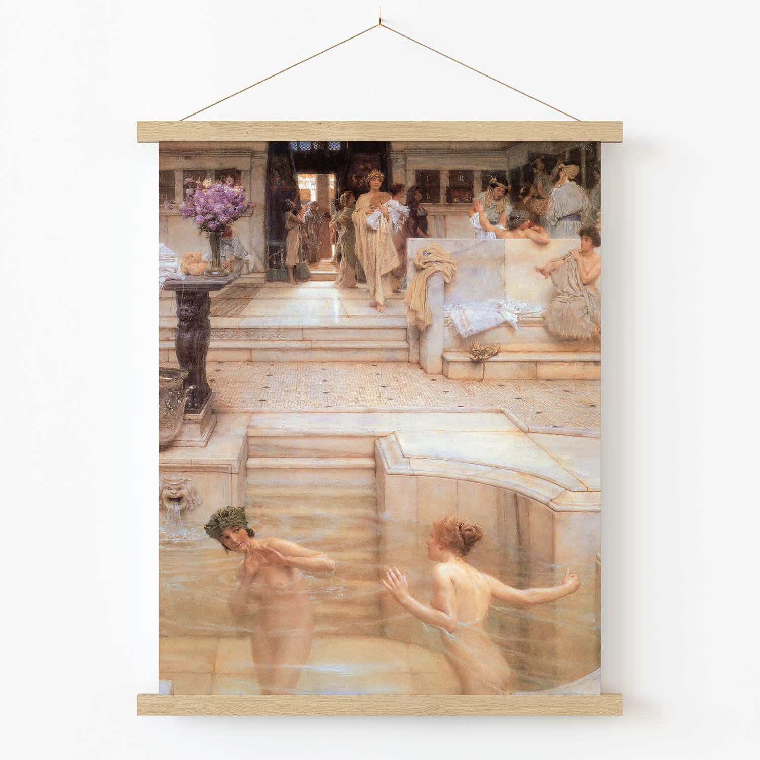 Women Bathing Art Print in Wood Hanger Frame on Wall