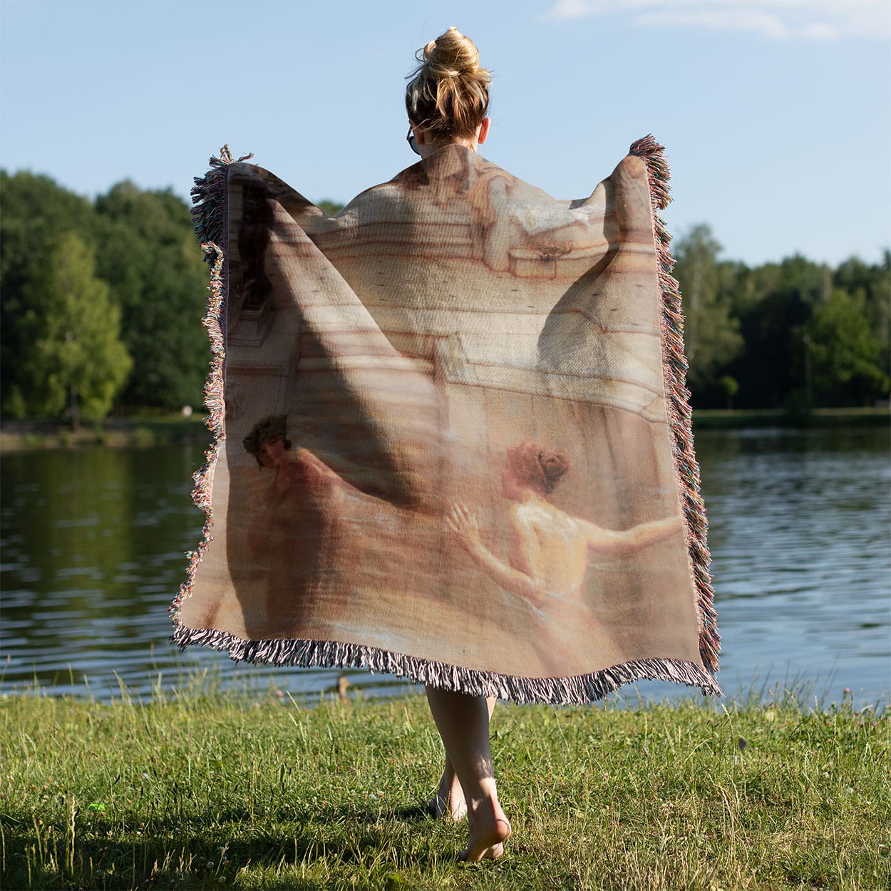 Women Bathing Woven Throw Blanket Held on a Woman's Back Outside