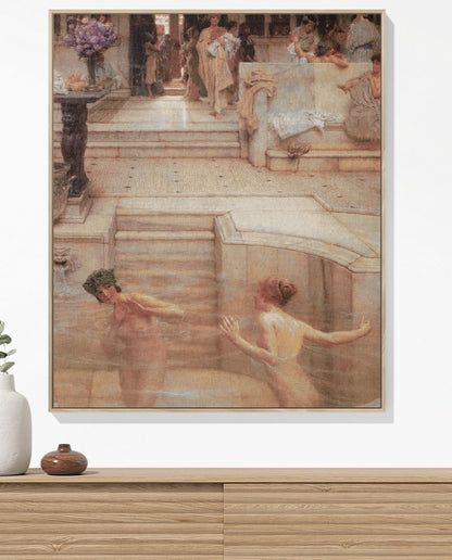 Women Bathing woven throw blanket, made from 100% cotton, offering a soft and cozy texture with Victorian era bath scenes for home decor hanging on wall.