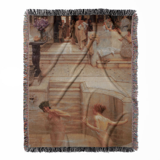 Women Bathing woven throw blanket, made from 100% cotton, offering a soft and cozy texture with Victorian era bath scenes for home decor.