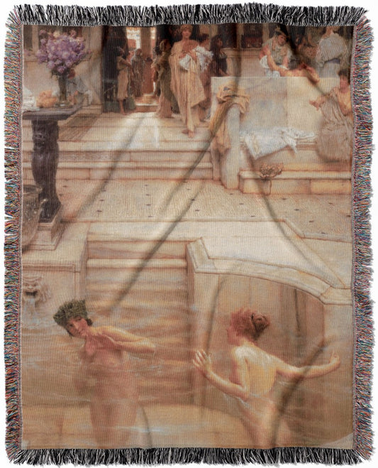 Women Bathing woven throw blanket, made from 100% cotton, offering a soft and cozy texture with Victorian era bath scenes for home decor.