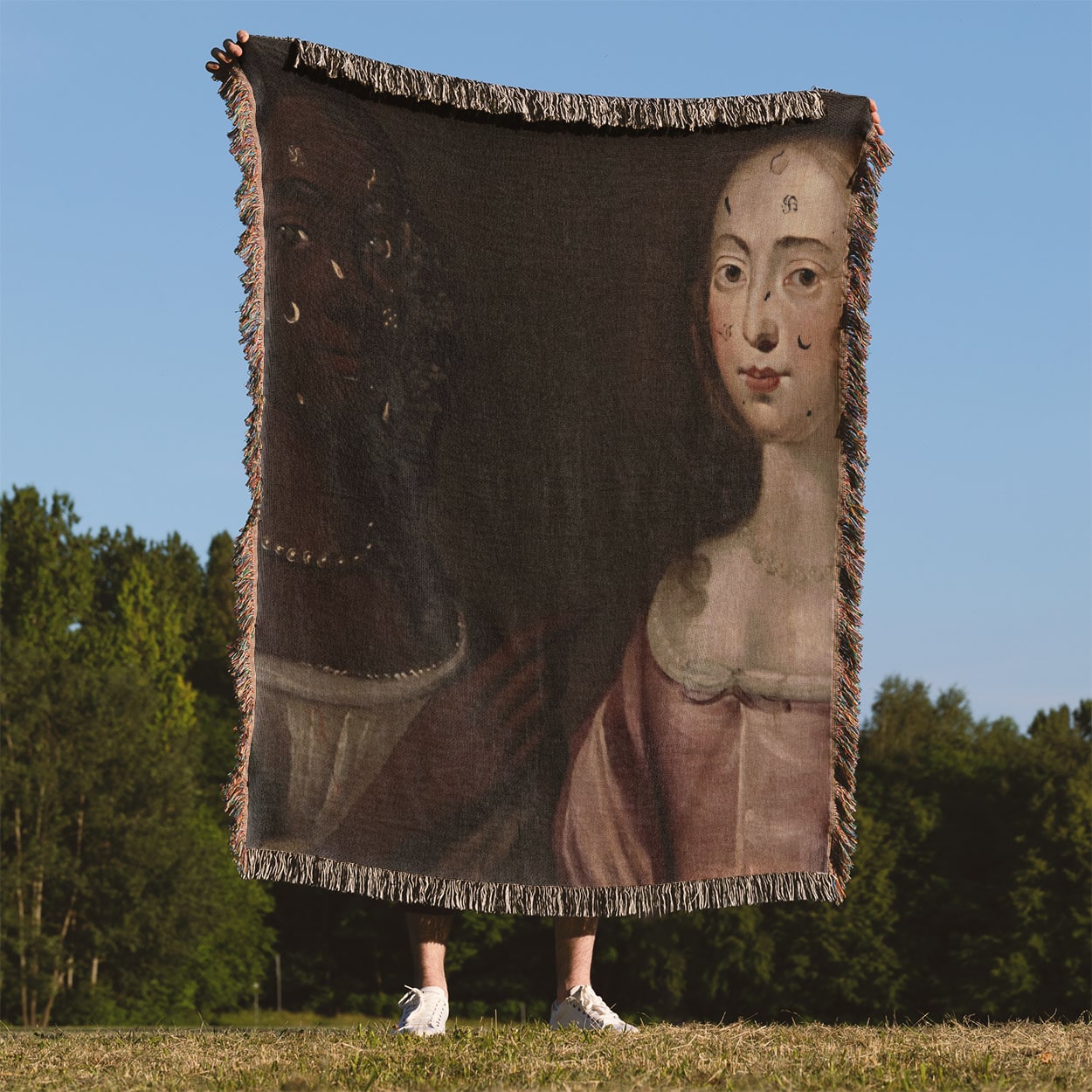 Renaissance Woven Throw Blanket Held Up Outside