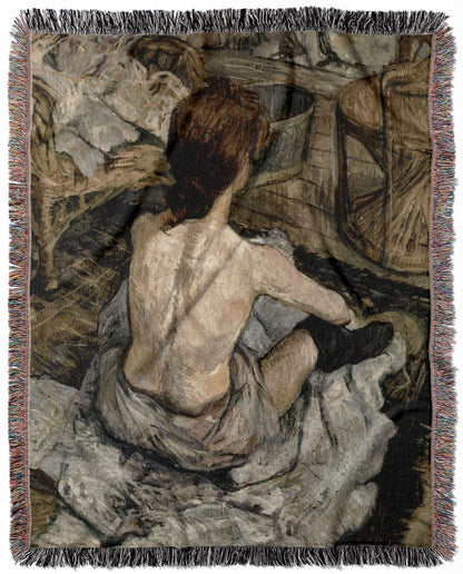 Unique Female Portrait woven throw blanket, made of 100% cotton, featuring a soft and cozy texture with a Rousse design for home decor.