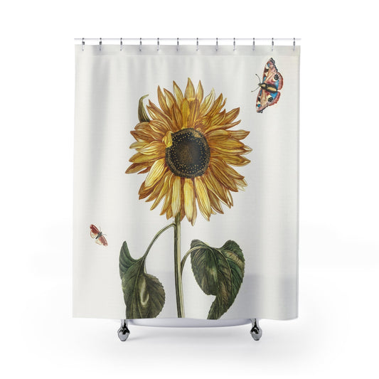 Yellow Sunflower Shower Curtain with simple flower design, vibrant bathroom decor showcasing sunflower art.