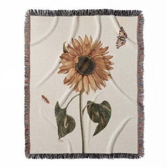 Yellow Sunflower woven throw blanket, made of 100% cotton, featuring a soft and cozy texture with a simple flower drawing for home decor.