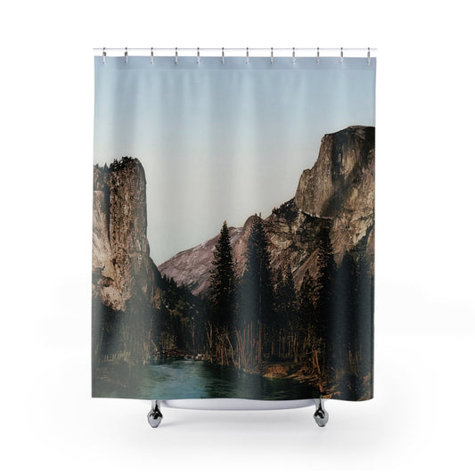 Yosemite National Park Shower Curtain with Half Dome design, nature-inspired bathroom decor featuring iconic Yosemite scenes.
