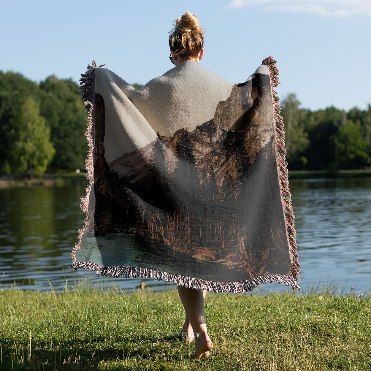 Yosemite National Park Woven Blanket Held on a Woman's Back Outside