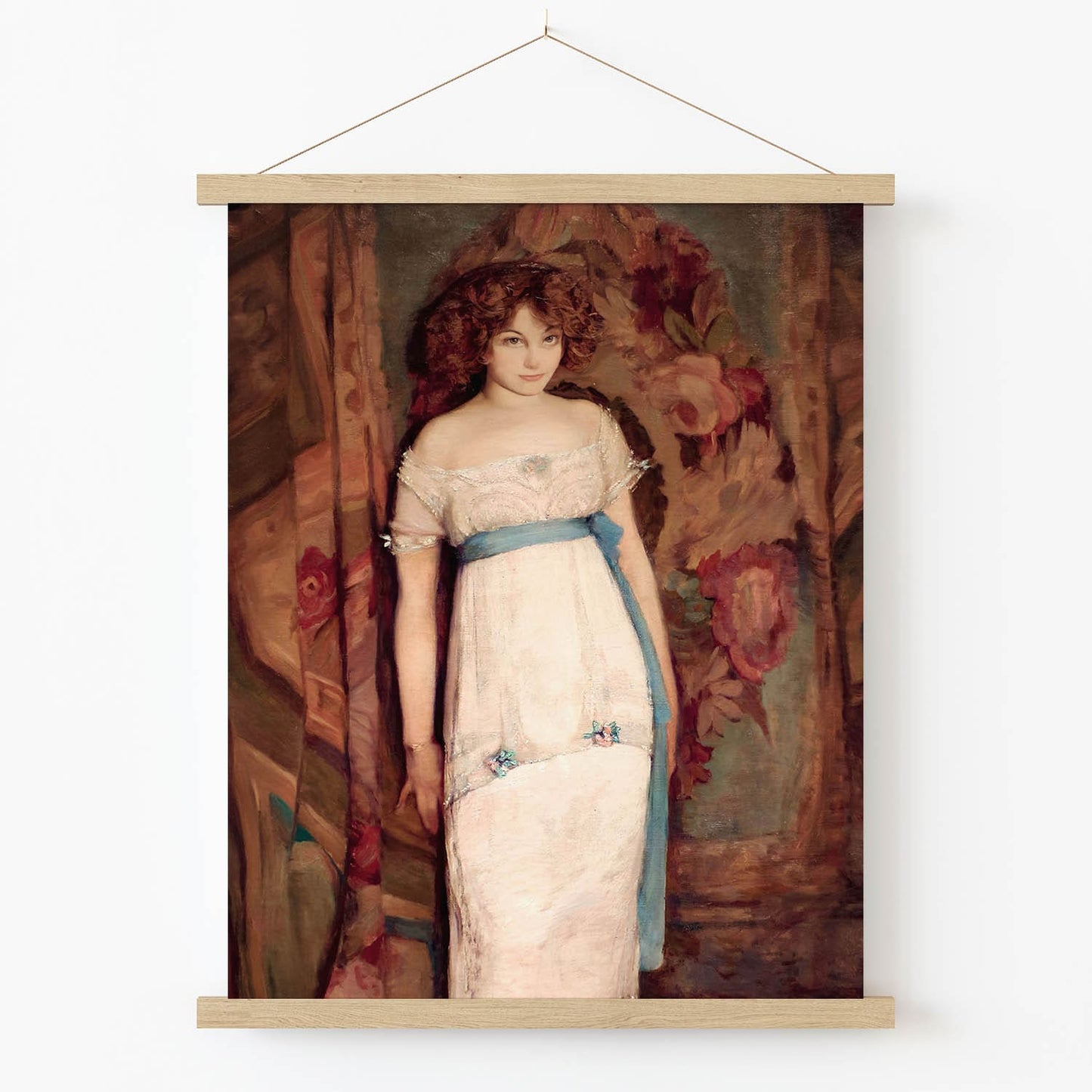 Curly Red Hair Portrait Art Print in Wood Hanger Frame on Wall