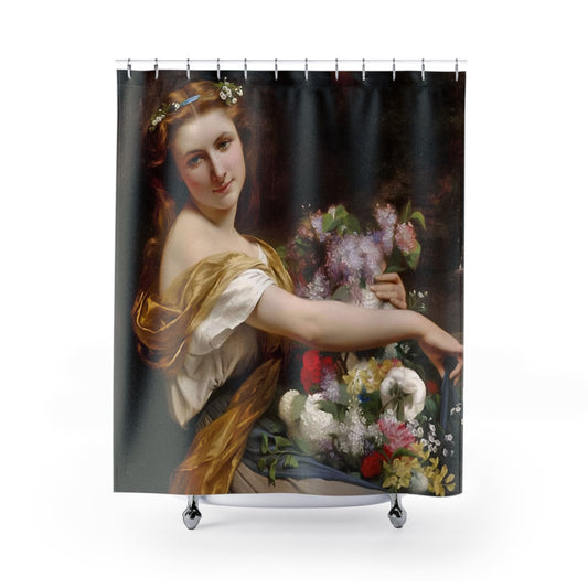 Young Maiden Shower Curtain with boho flower girl design, bohemian bathroom decor featuring whimsical floral themes.