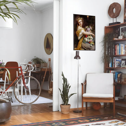 Eclectic living room with a road bike, bookshelf and house plants that features framed artwork of a Aesthetic Boho Flower Girl above a chair and lamp