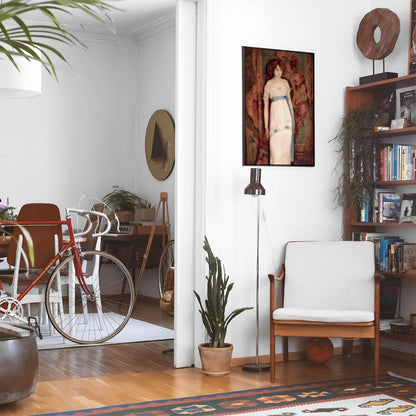 Eclectic living room with a road bike, bookshelf and house plants that features framed artwork of a Curly Red Hair Portrait above a chair and lamp