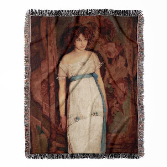 Young Maiden woven throw blanket, crafted from 100% cotton, offering a soft and cozy texture with a Victorian era theme for home decor.